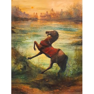 A. Q. Arif, 36 x 48 Inch, Oil on Canvas,  Horse Painting, AC-AQ-488